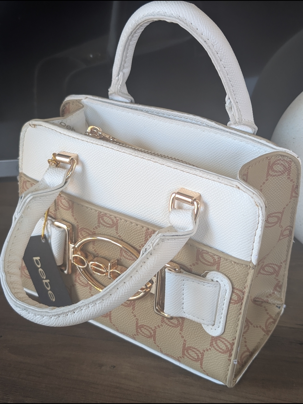 bebe White and Tan Logo-Print Satchel with Gold Accent With Adjustable Crossbody